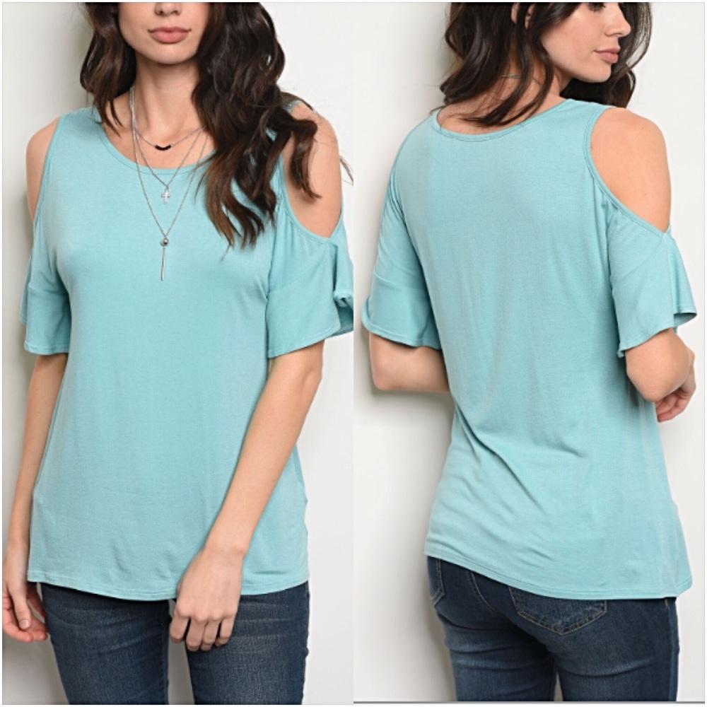 Chic Turquoise Cold Shoulder Ruffle Tee Small